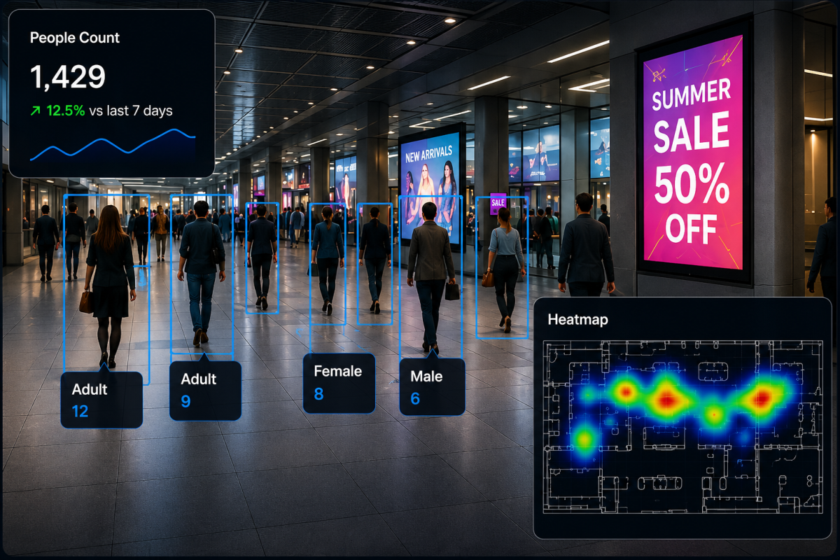 WhiteCore.AI Vision AI camera analytics overlaying a live venue scene